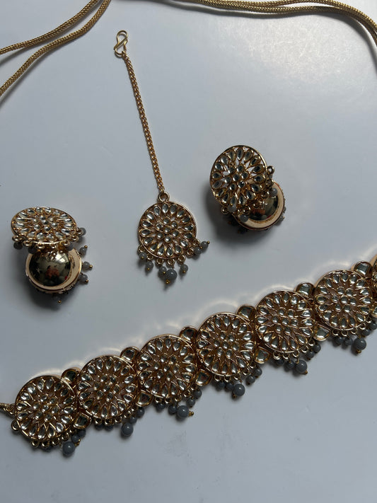 Round Gray Gold Necklace Earrings Tikka Set