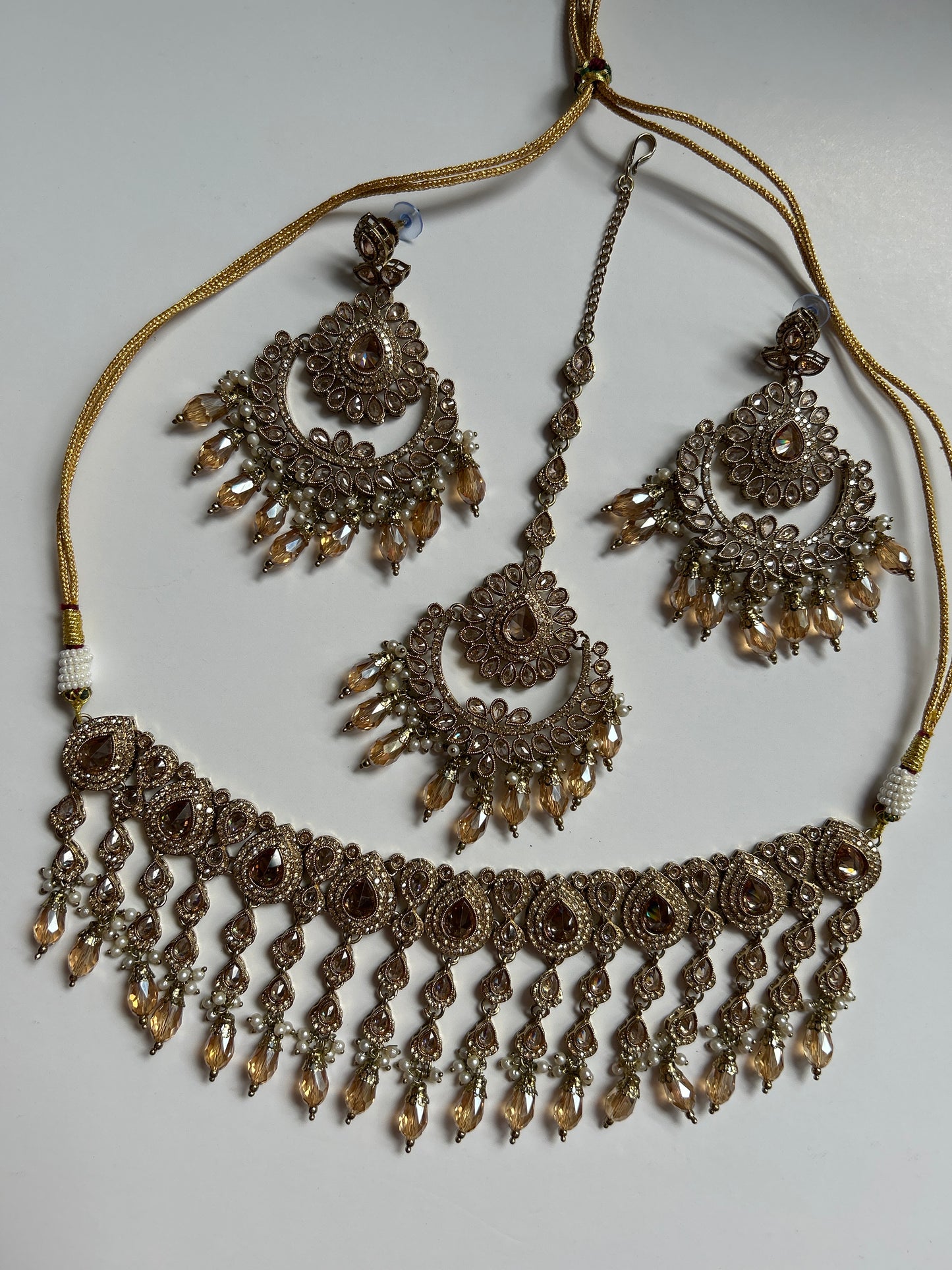 Teardrop Crystal Necklace Earrings Tikka Set