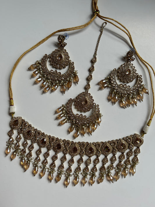 Teardrop Crystal Necklace Earrings Tikka Set
