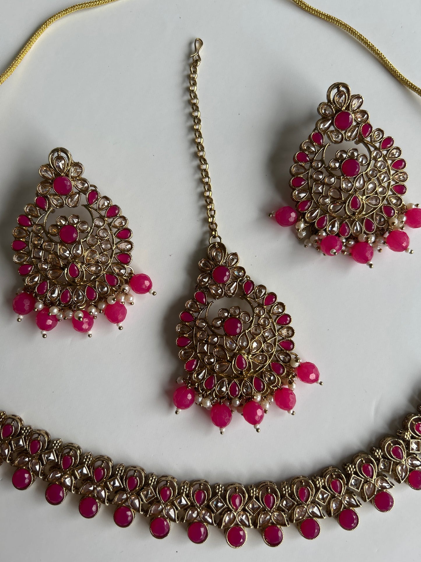 Fushia Pink Necklace Earrings Tikka Set