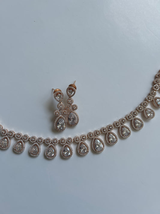 Crystal Rosegold Drop Necklace Earring Set