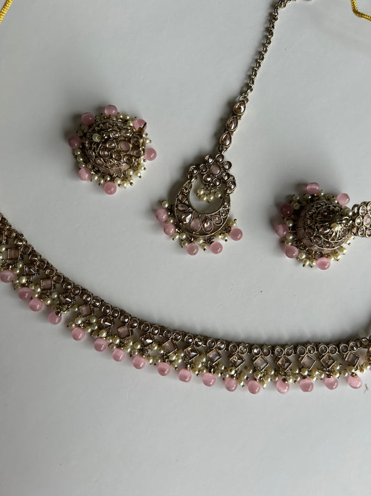 Pink square Elegant Necklace Earring Tikka Set