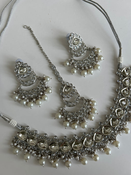 Silver Pearl Crystal Necklace Earrings Tikka Set