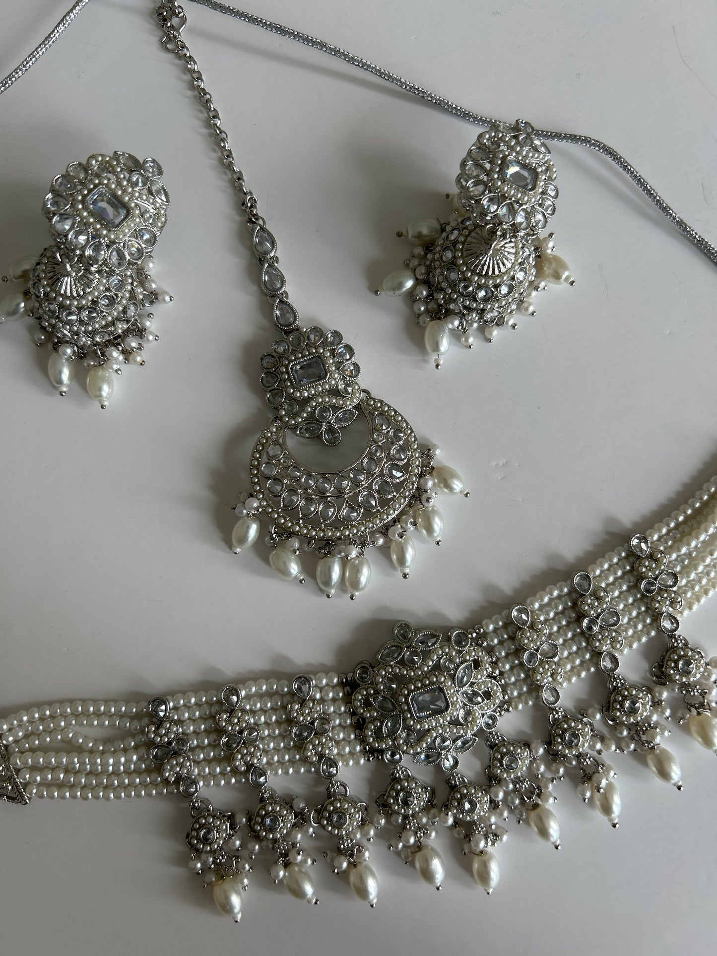 Pearl Crystal Silver Necklace Earrings Tikka Set
