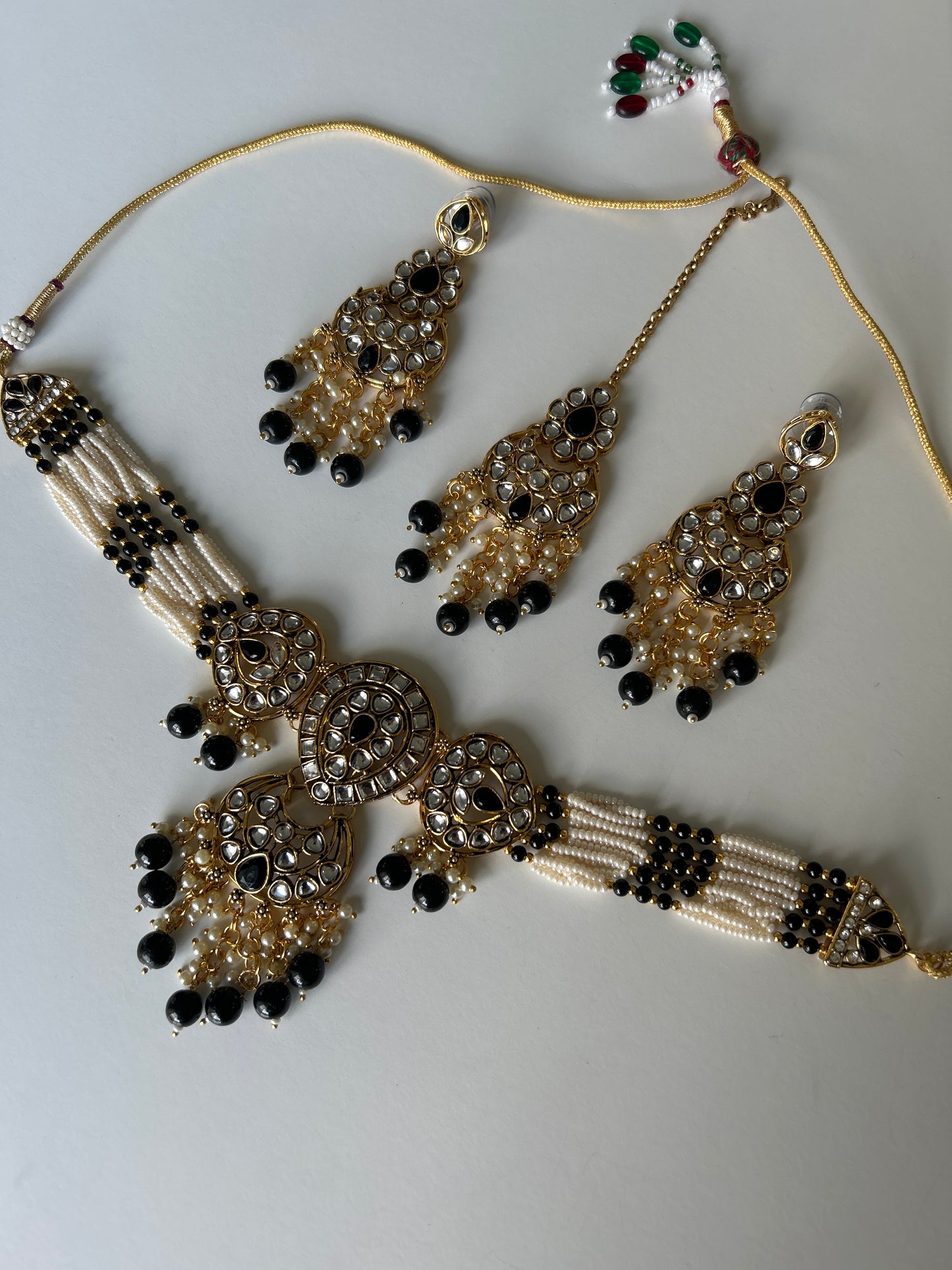 Black Gold Necklace Earrings Tikka Set