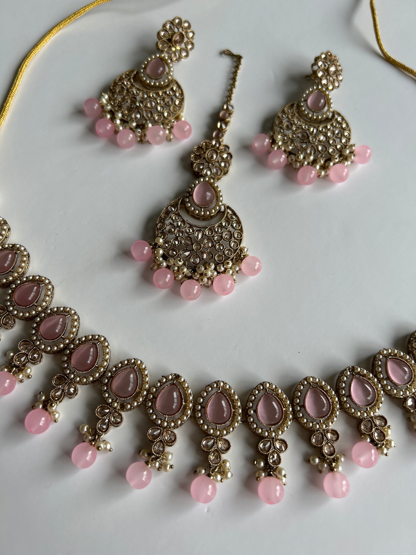 Pink Pearl Necklace Earrings Tikka Set