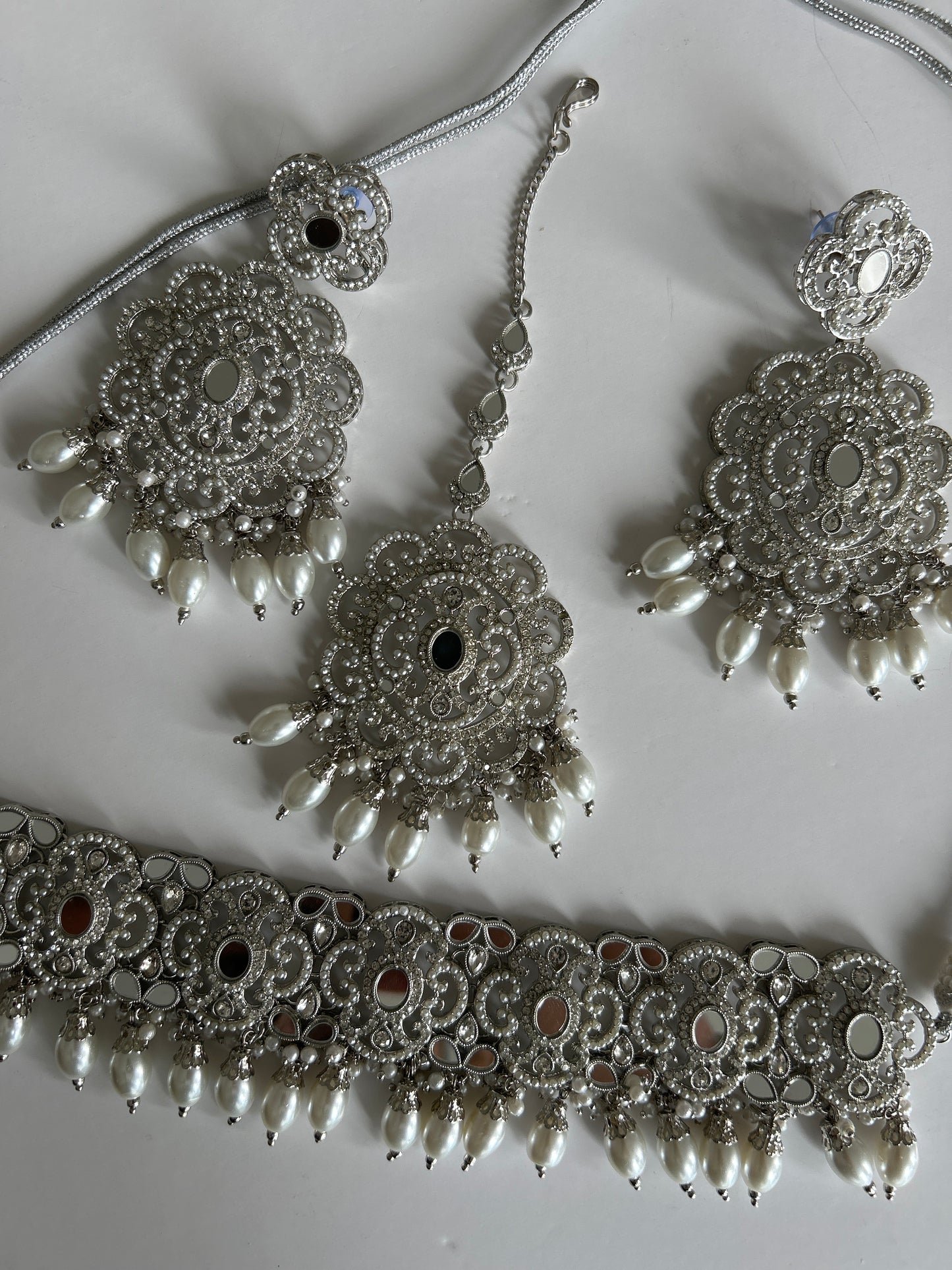Mirrored Silver Showstopper Necklace Earrings Tikka Set