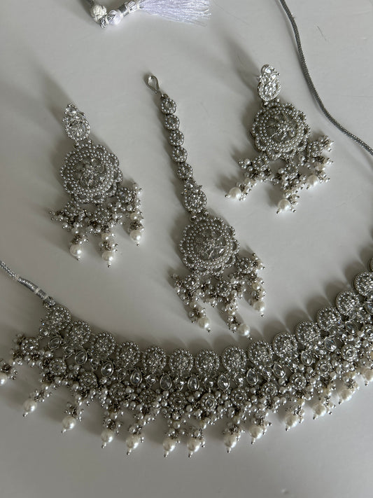 Rainfall Drop Silver Necklace Earrings Tikka Set