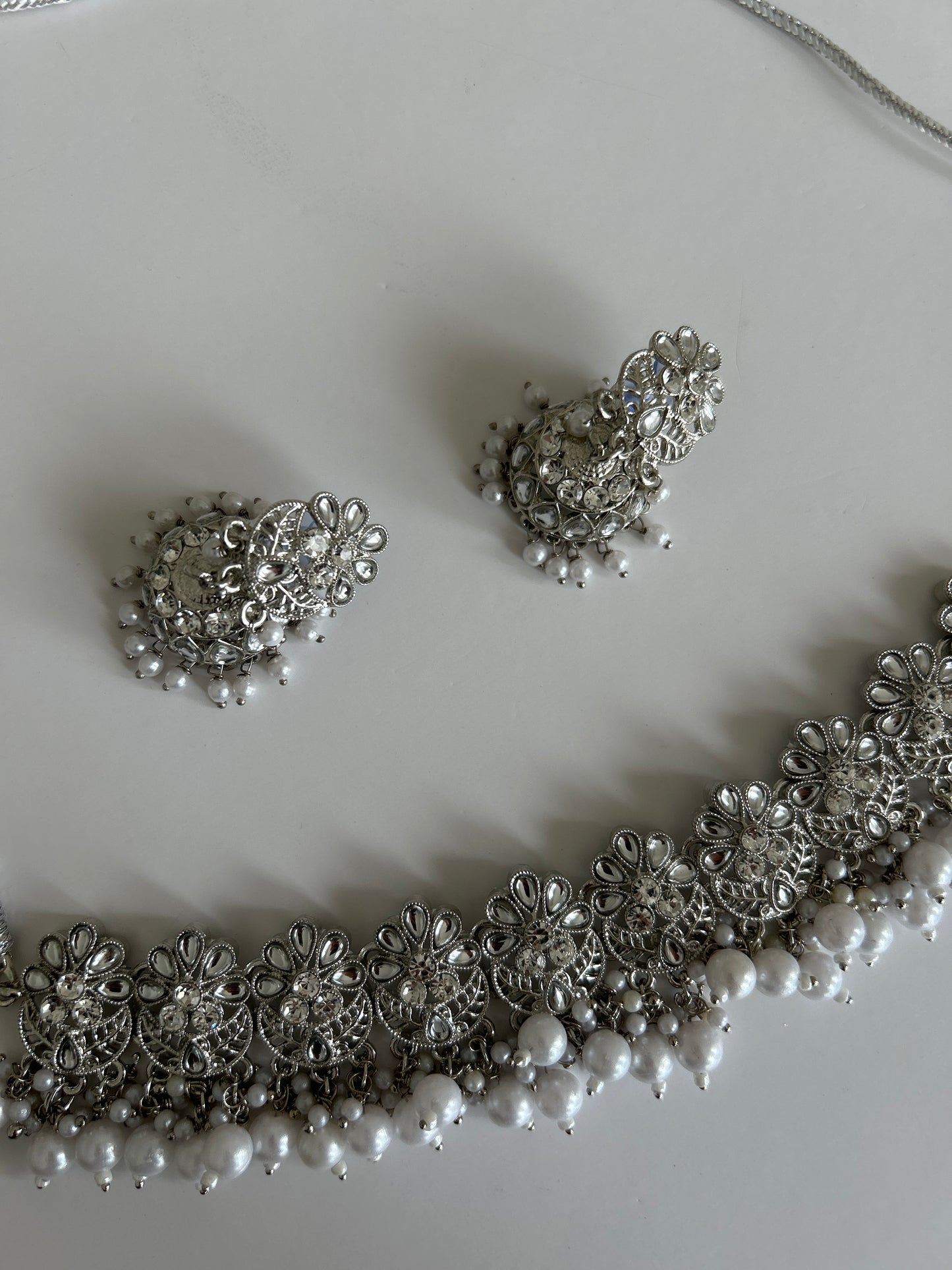 Flower Silver Necklace Earrings Tikka Set