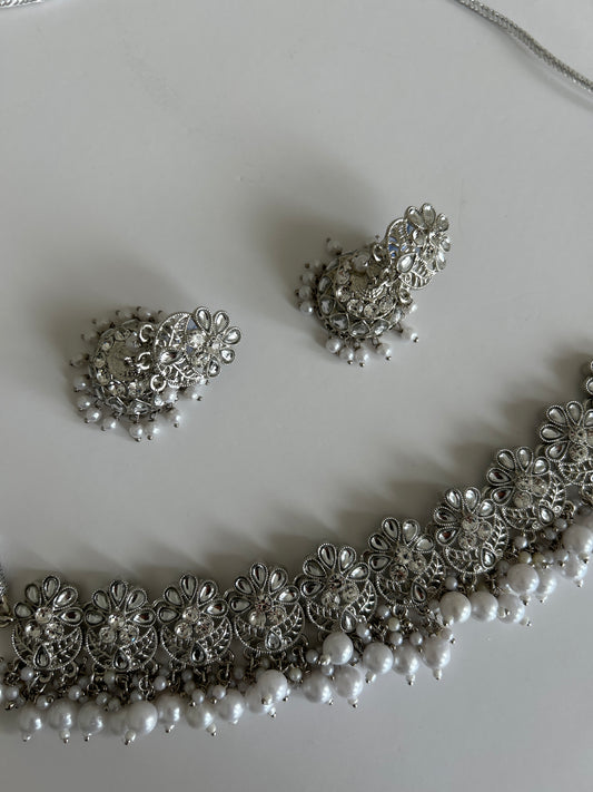 Flower Silver Necklace Earrings Tikka Set