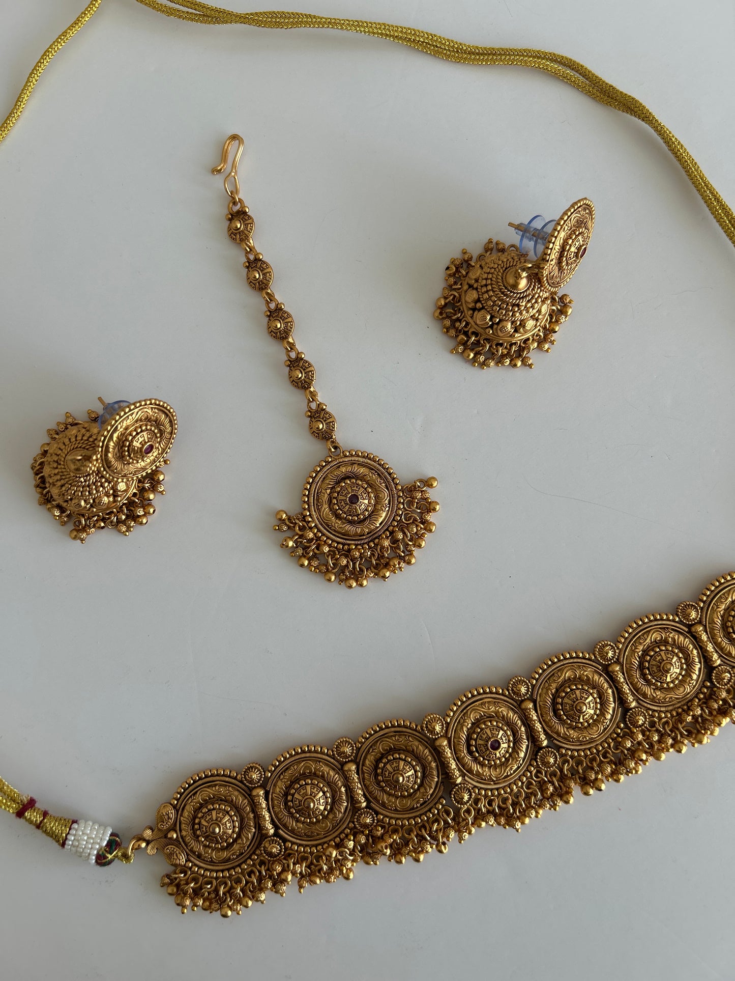 Faux Gold Flower pink stone accent Necklace Earrings Tikka Set