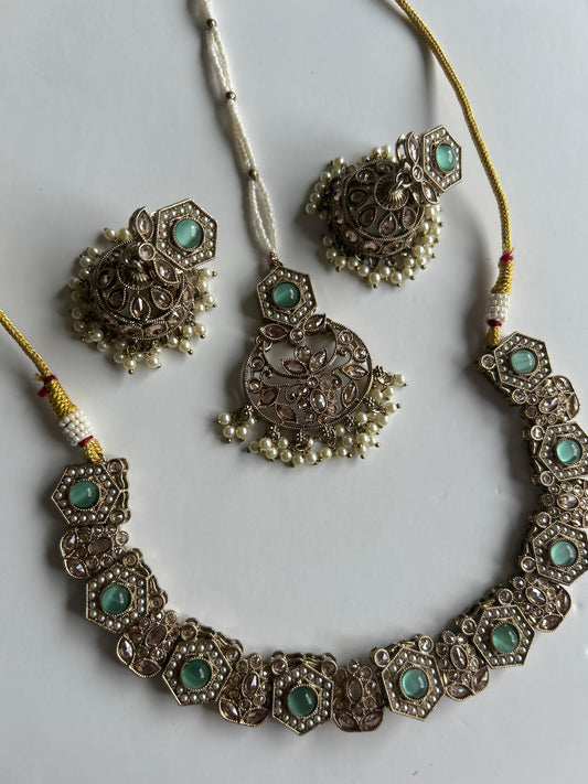 Green Gold Necklace Earring Tikka Set