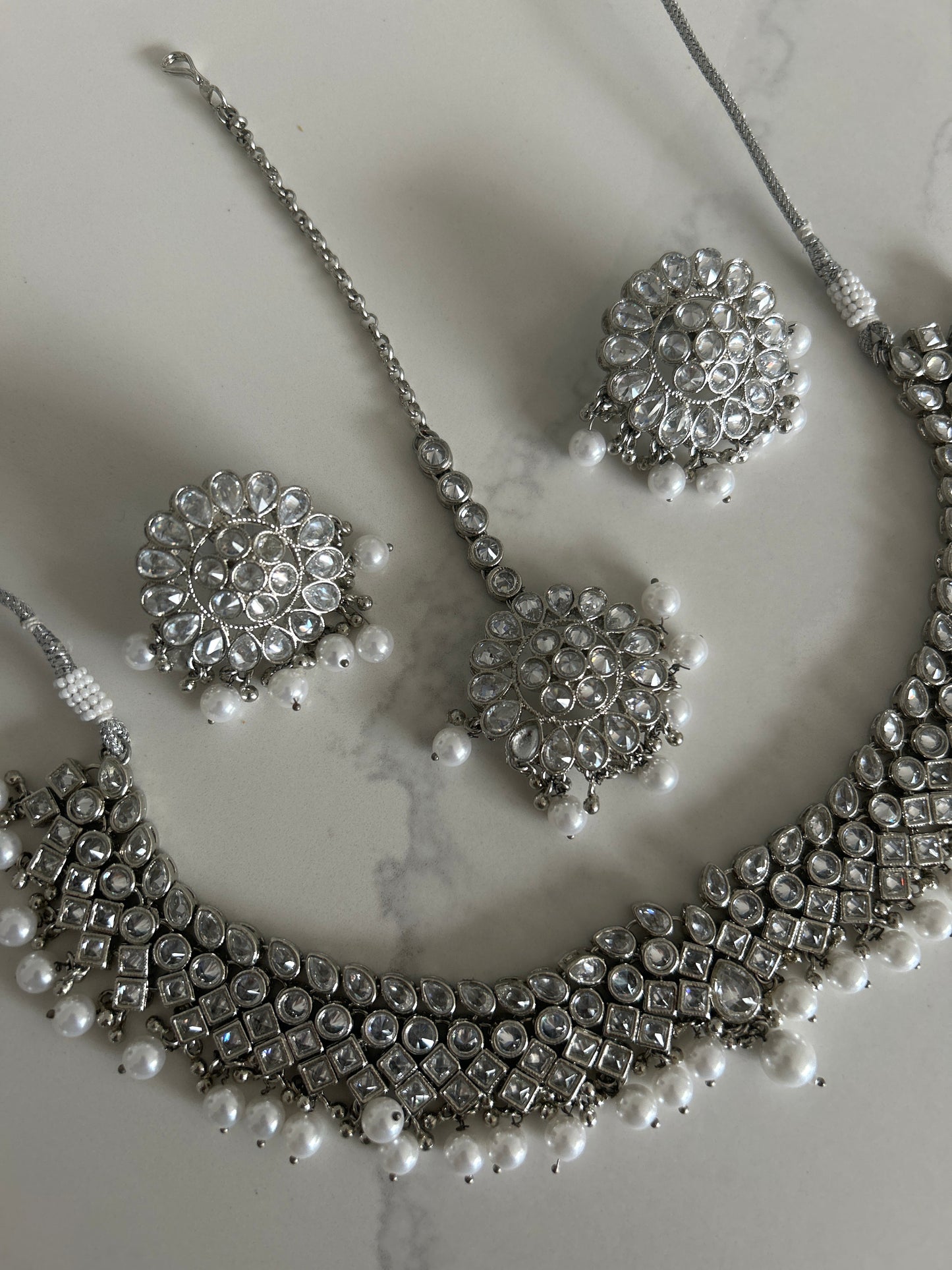 Choker Silver Pearl EarringsTikka Necklace Set