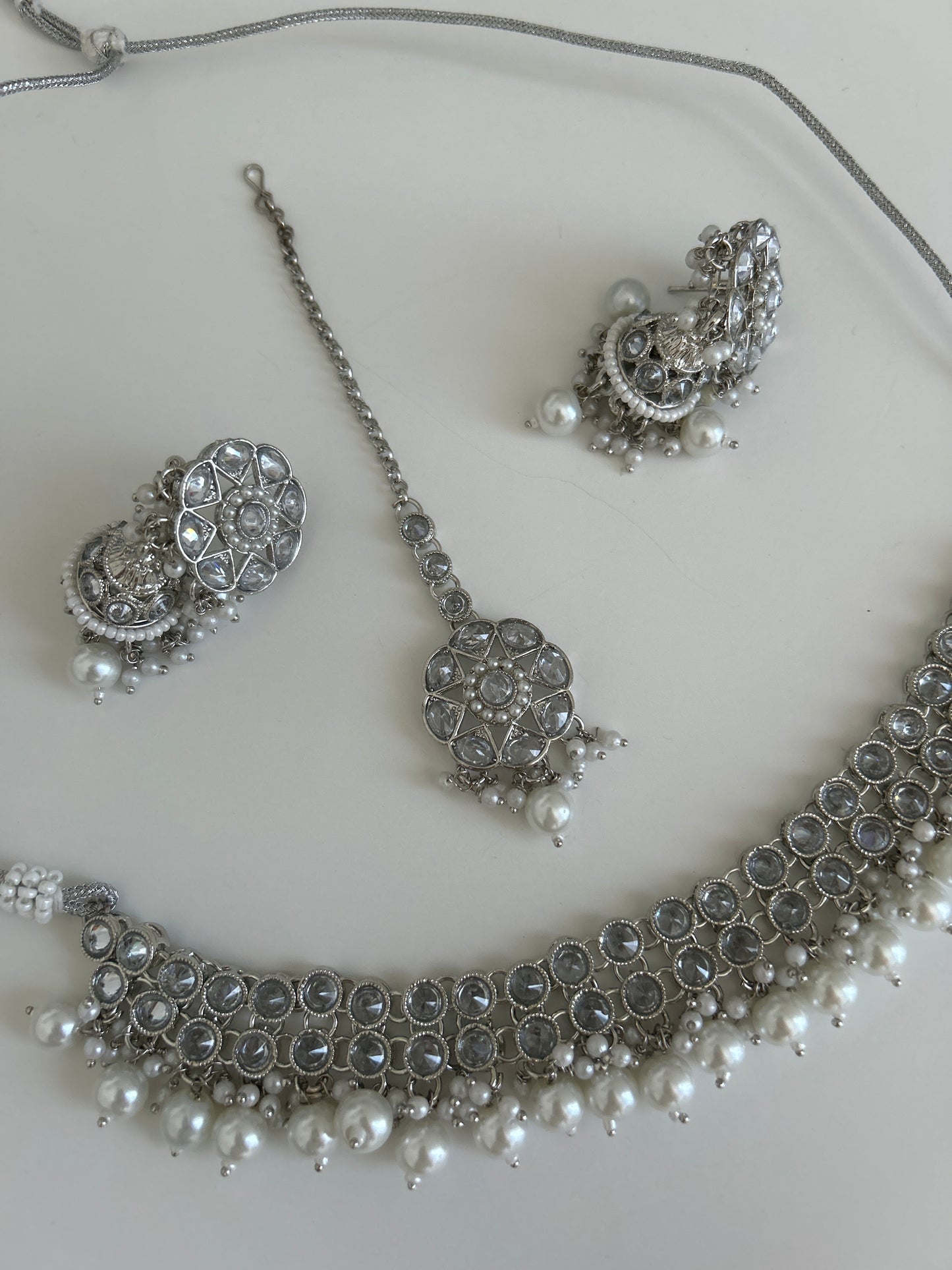 Pearl Silver Necklace Earring Tikka Set