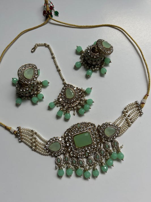 Light Green Pearl Necklace Earrings Tikka Set