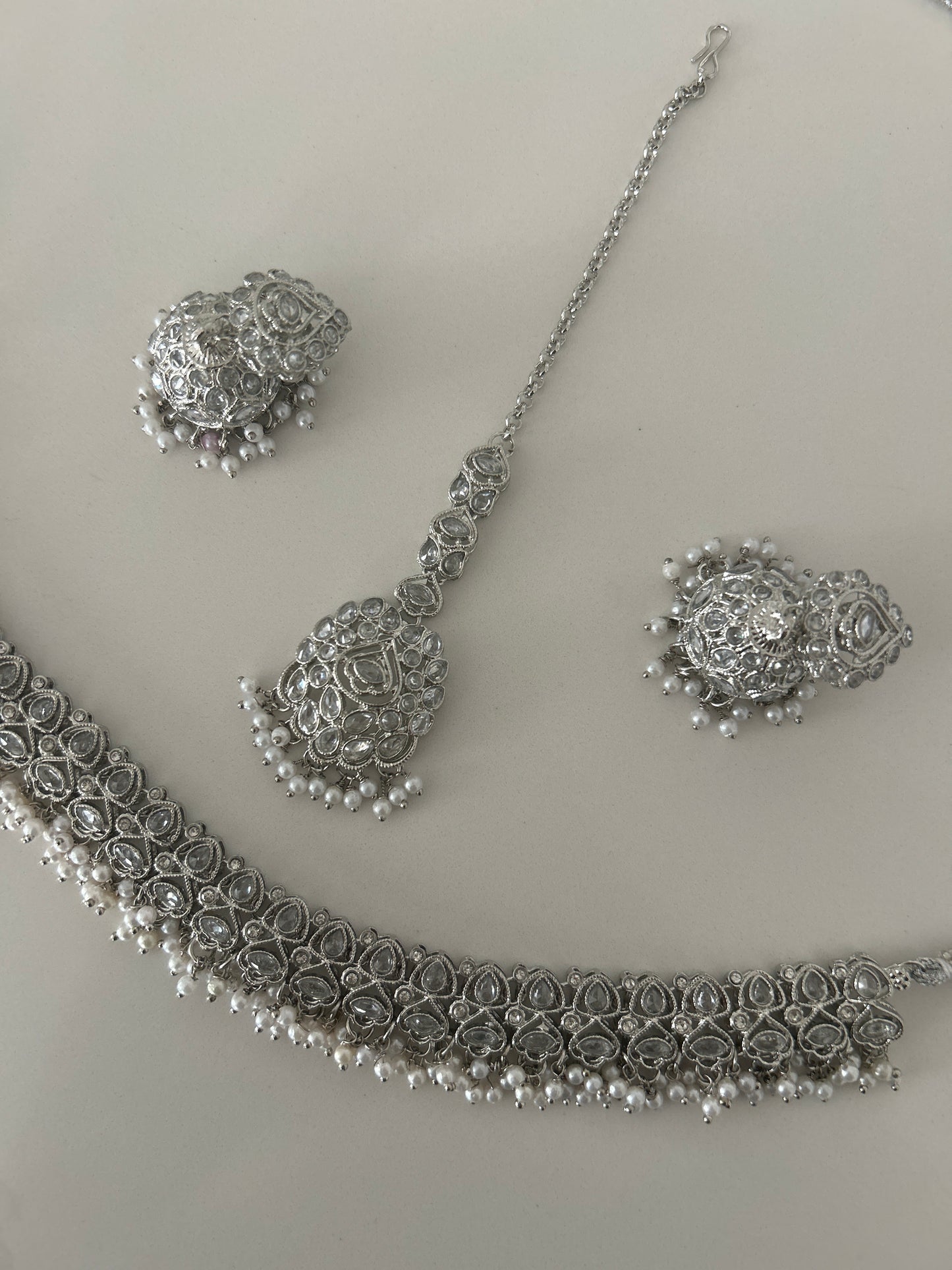 Silver Necklace Earrings Jumka Tikka Set