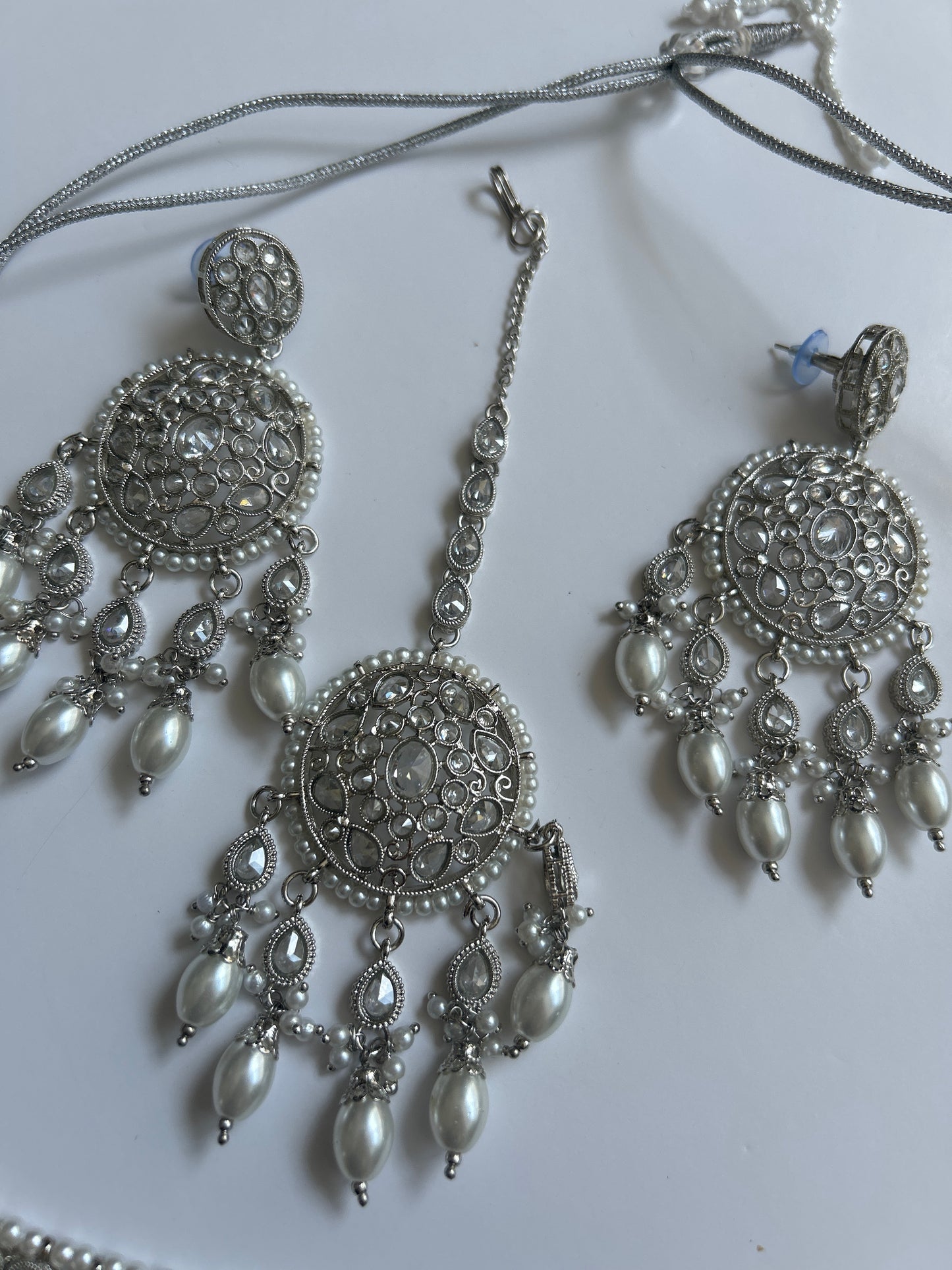 Silver Statement Necklace Earrings Tikka Set
