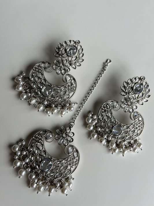 Silver Polki Oval Earring Tikka