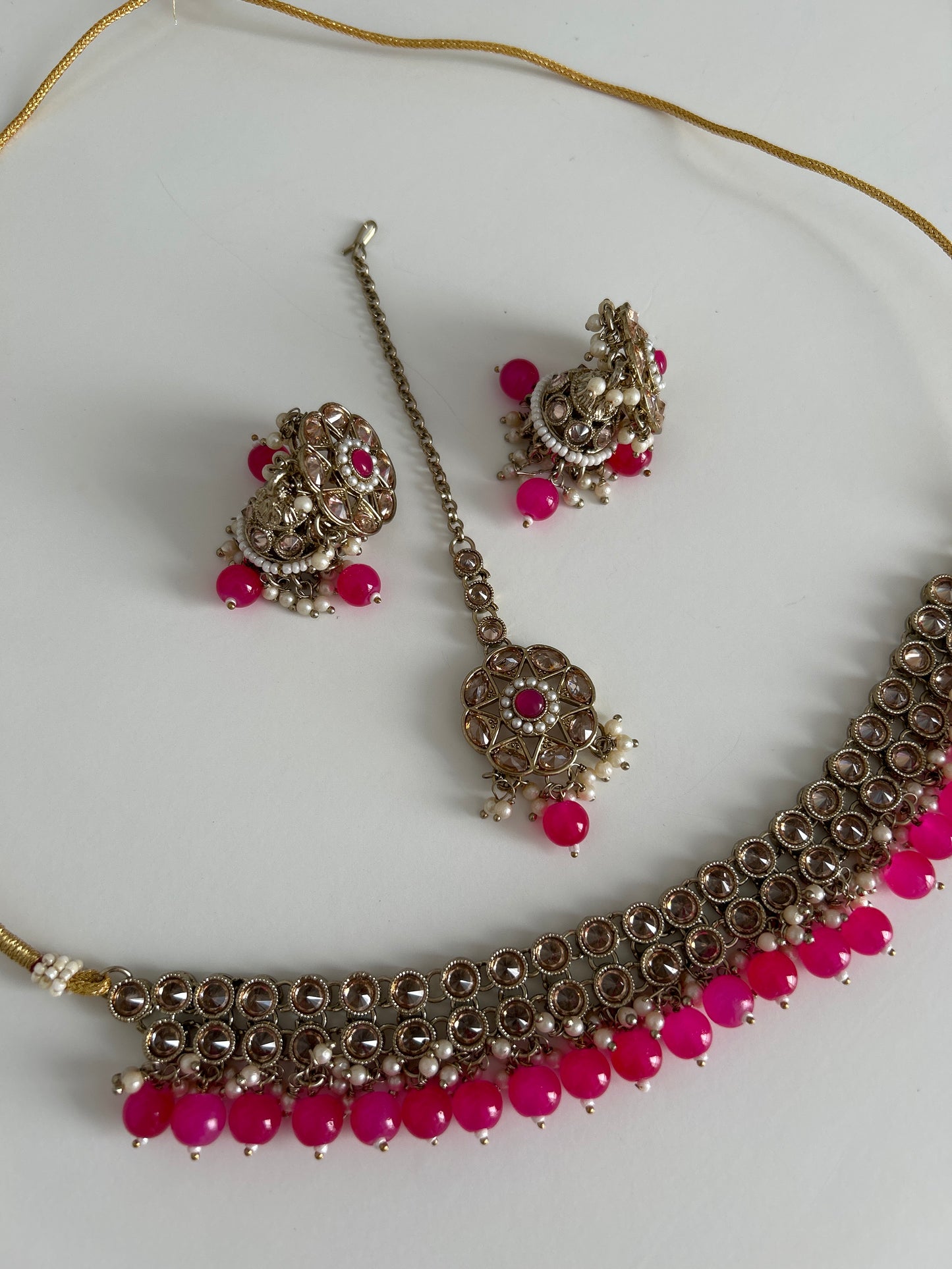 Hot Pink gold necklace earrings tikka set