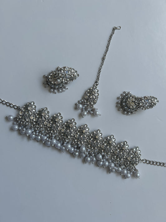 Silver Pearl  Necklace Earrings Tikka Set