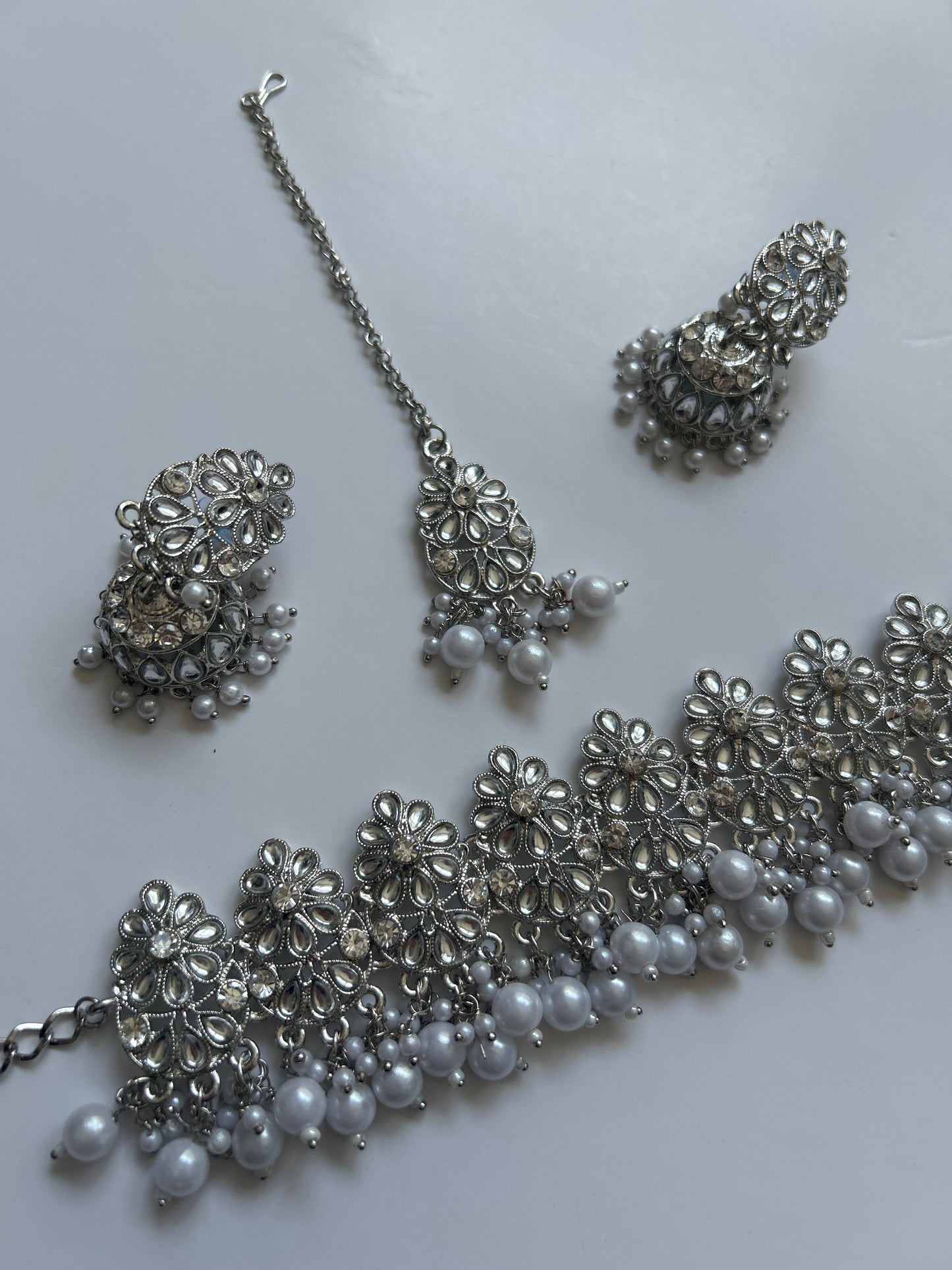 Silver Pearl  Necklace Earrings Tikka Set
