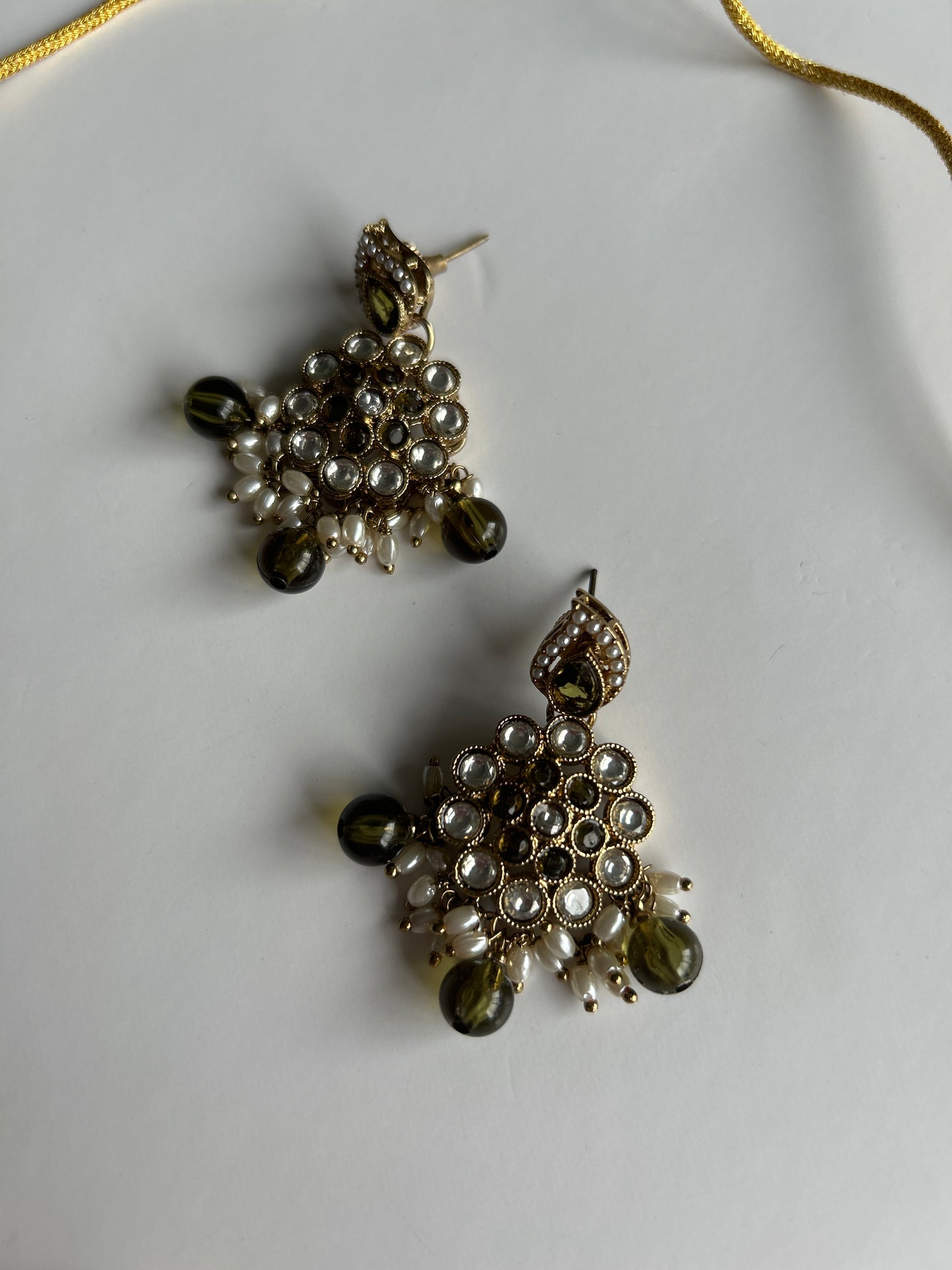 Forest green pearl necklace earrings set