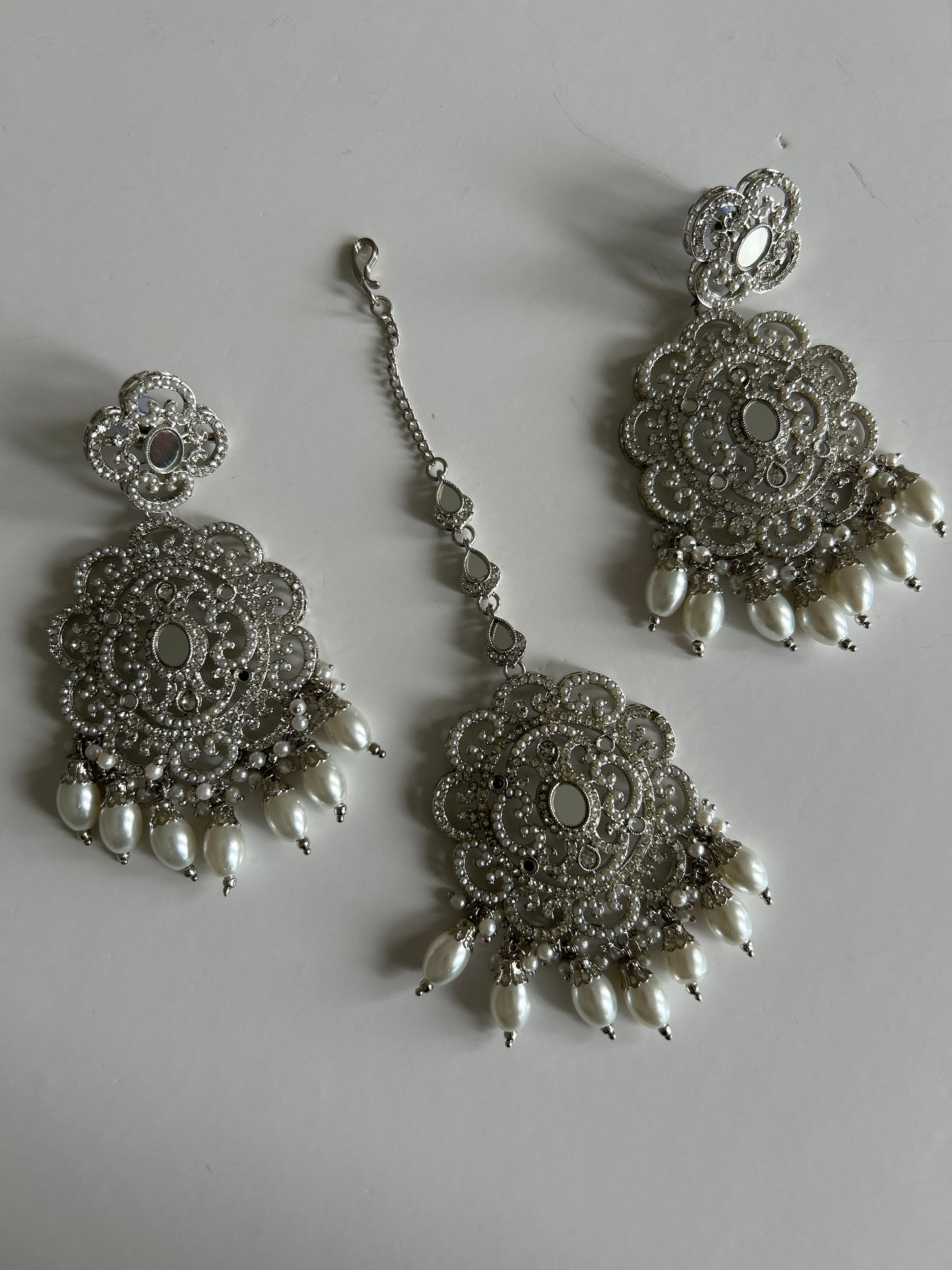 Mirrored Silver Showstopper Necklace Earrings Tikka Set