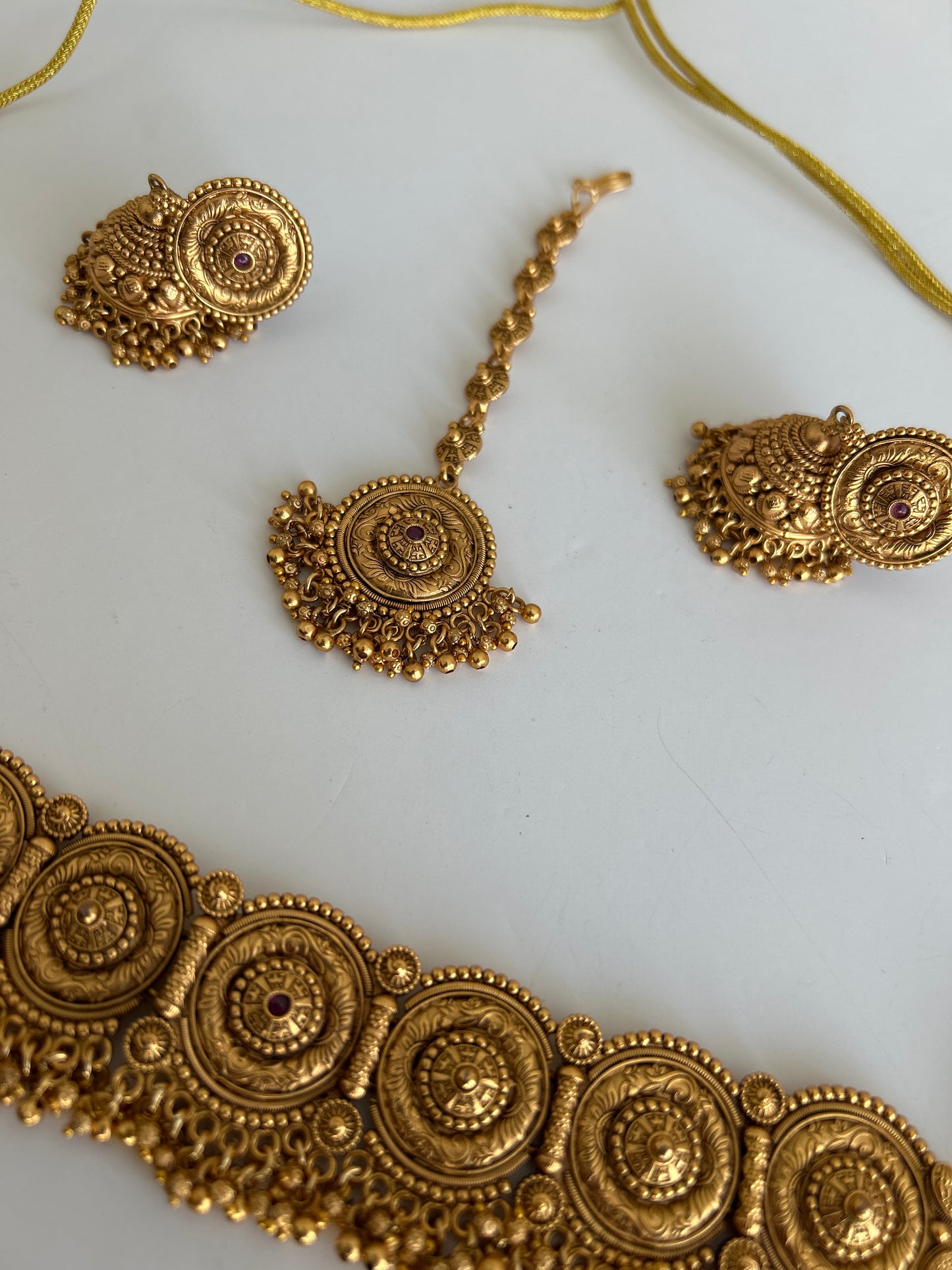 Faux Gold Flower pink stone accent Necklace Earrings Tikka Set