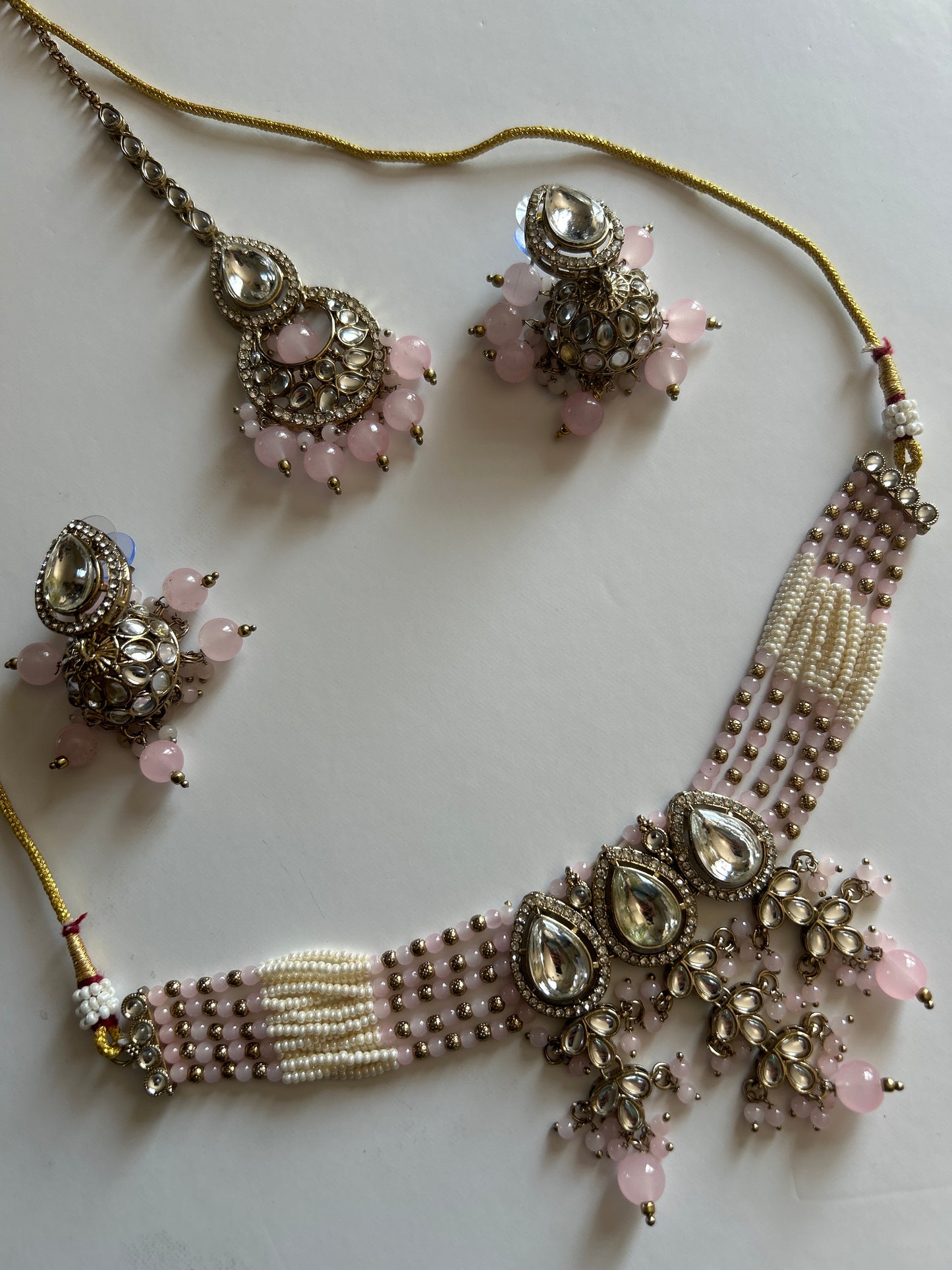 Light Pink Pearl Necklace Earrings Tikka Set