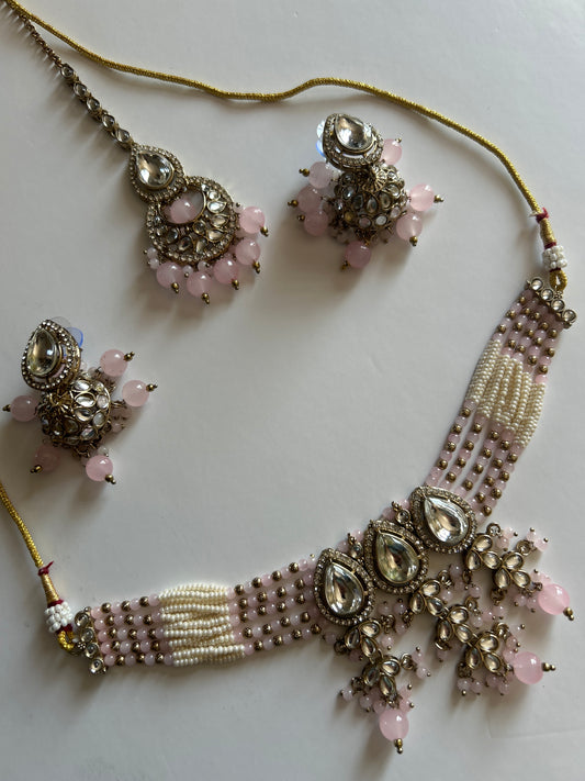 Light Pink Pearl Necklace Earrings Tikka Set