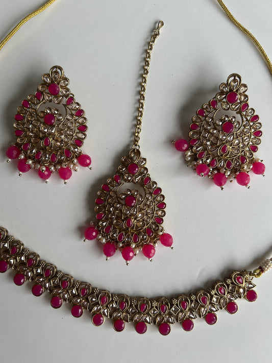 Fushia Pink Necklace Earrings Tikka Set