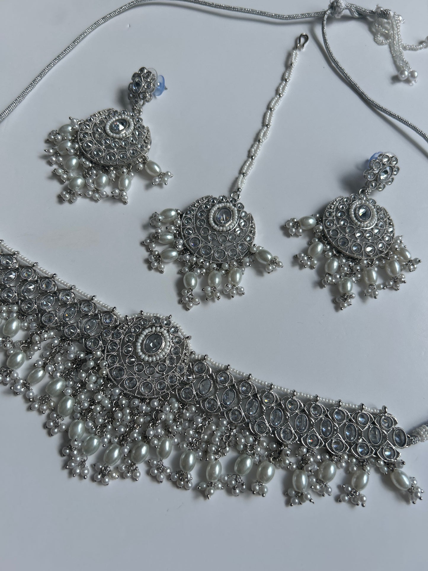 Silver Pendant Necklace Earrings Tikka Set