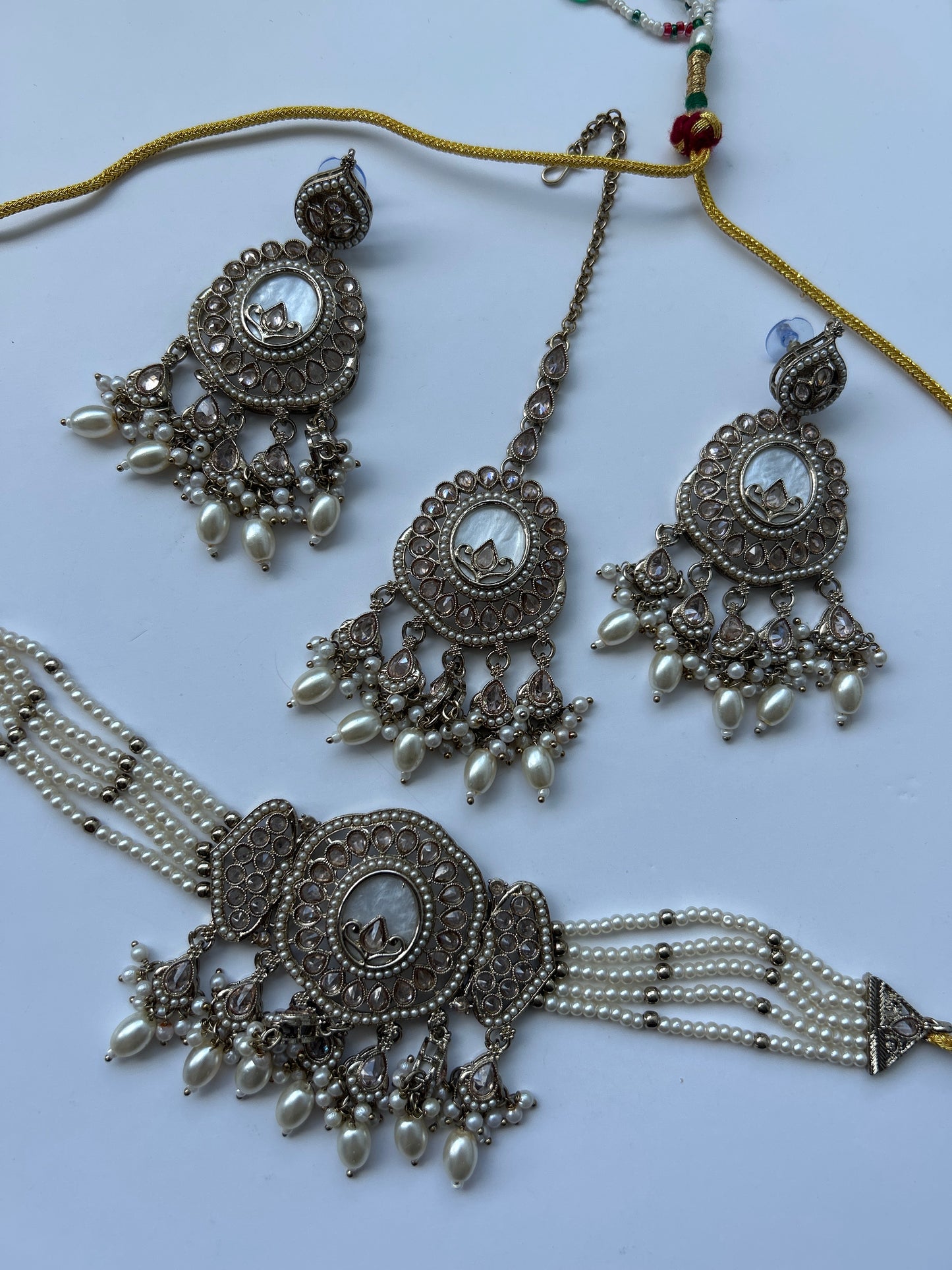 Marble Pearl Gold Necklace Earrings Tikka Set