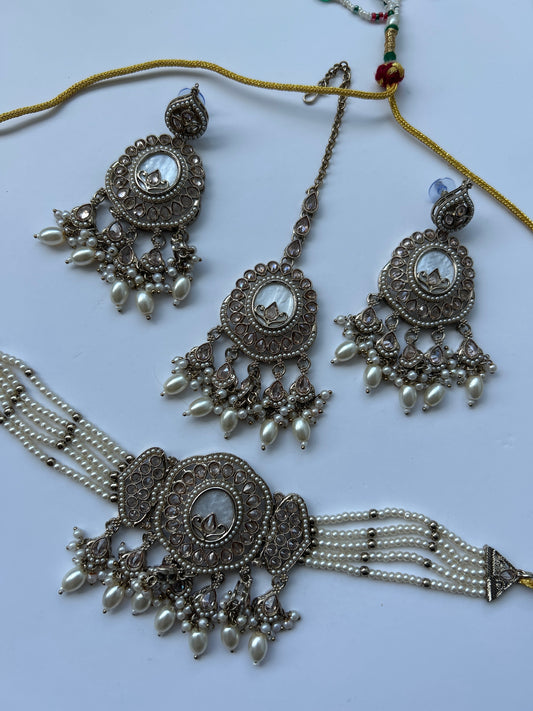Marble Pearl Gold Necklace Earrings Tikka Set