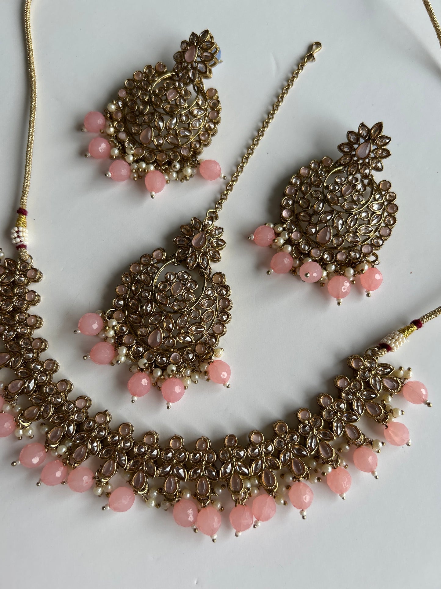 Pink Necklace Earrings Tikka Set