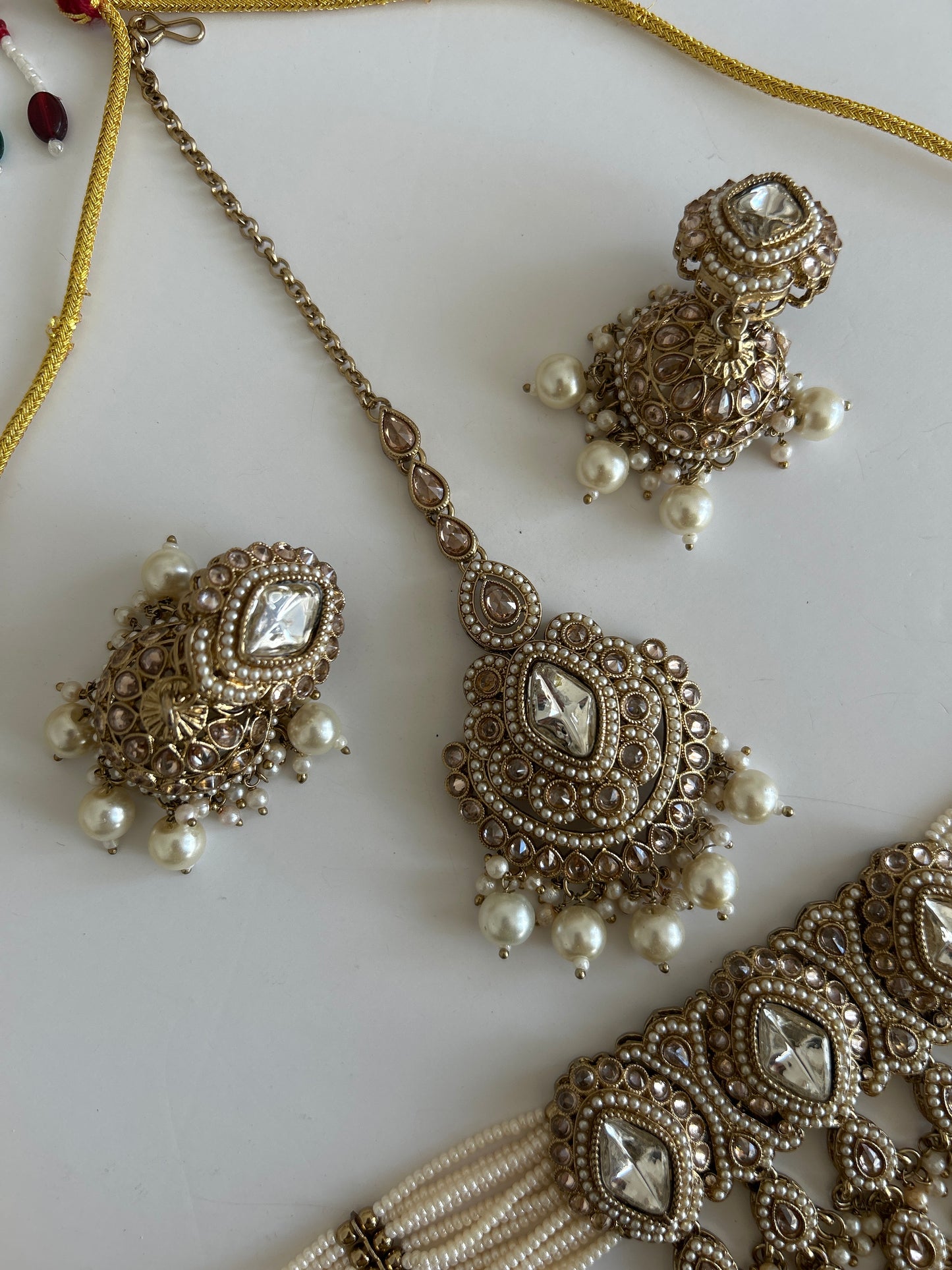 Pearl Diamond Shape Drop Necklace Earrings Tikka Set