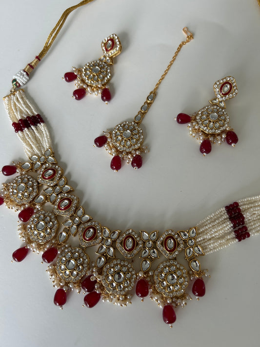 Red necklace earrings tikka set