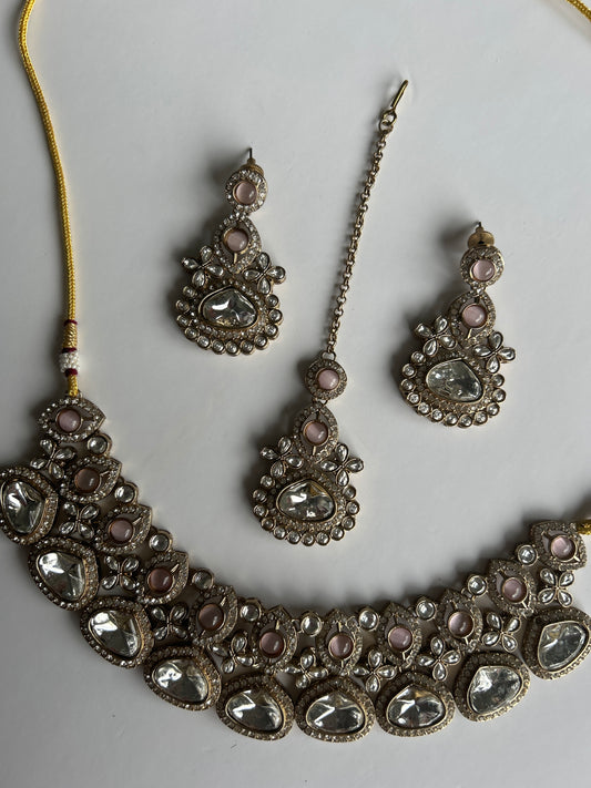 Pink Drop Necklace Earrings Tikka Set