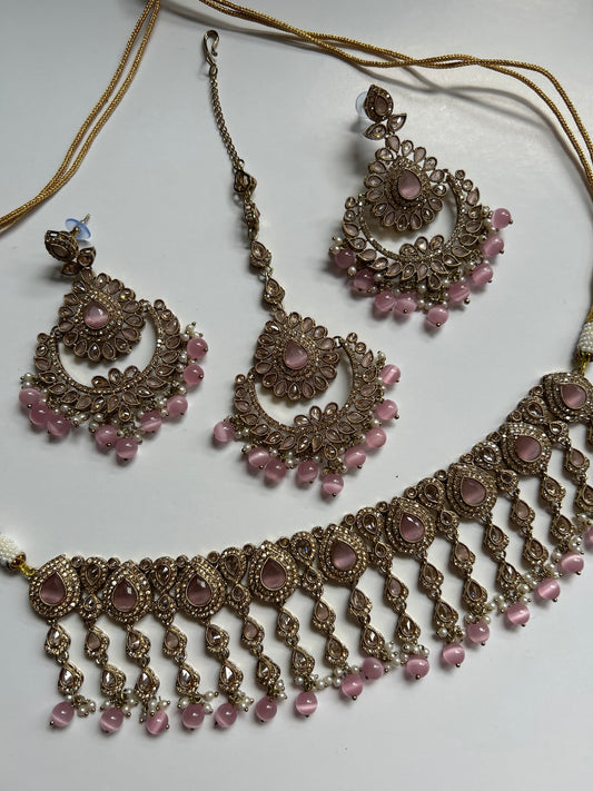 Pink Drop Necklace Earrings Tikka Sets