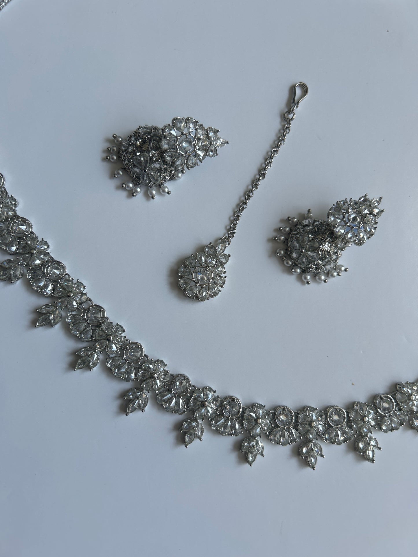 Silver Elegant Chic Necklace Earrings Tikka Set