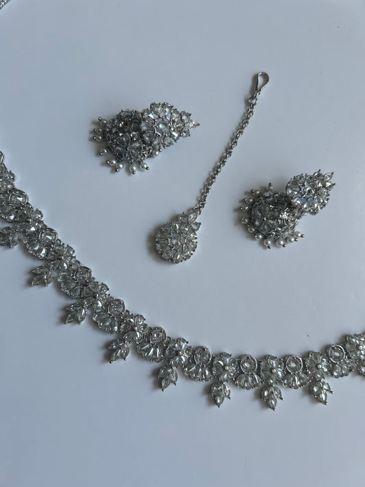 Silver Elegant Chic Necklace Earrings Tikka Set