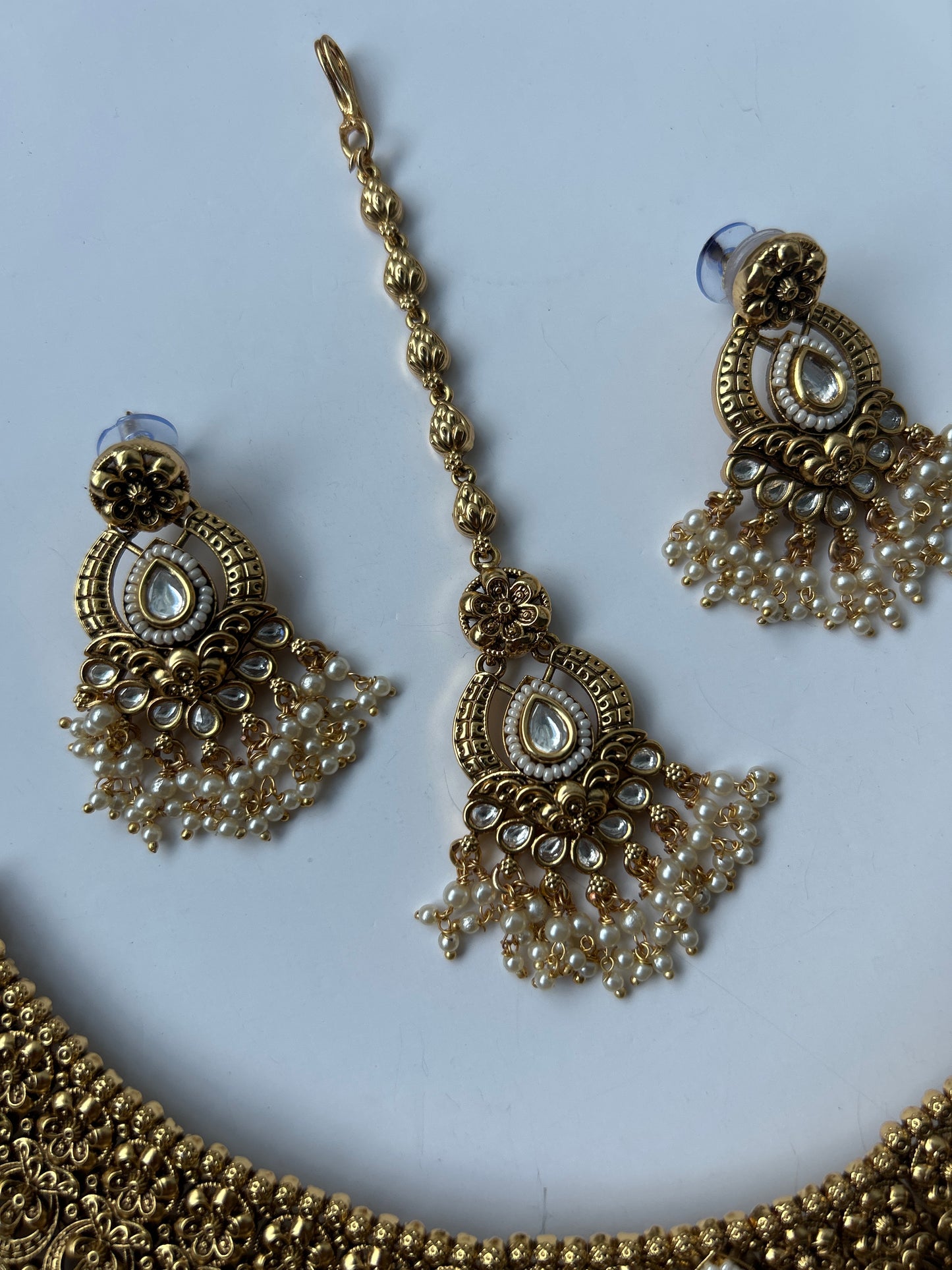 Elegant Faux Gold White Necklace Earrings Tikka Set