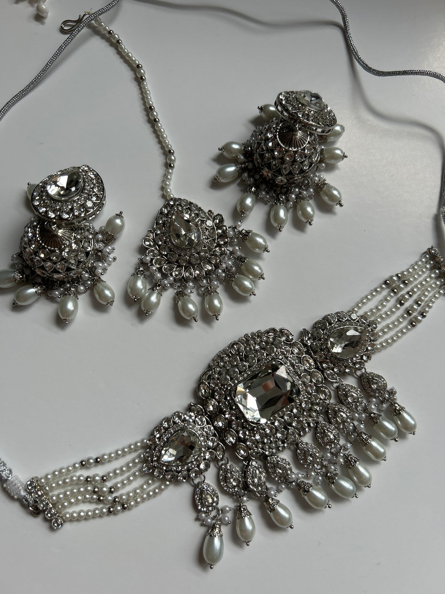 Glamour Silver Necklace Earrings Tikka Set