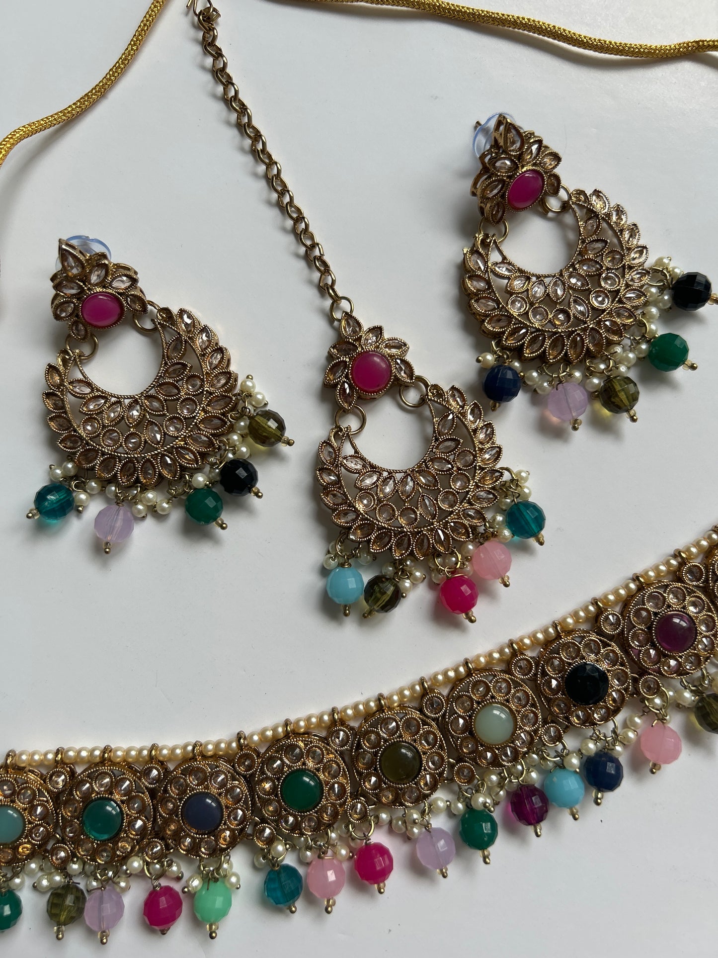 Stunning Multicoloured Necklace Earrings Tikka Set