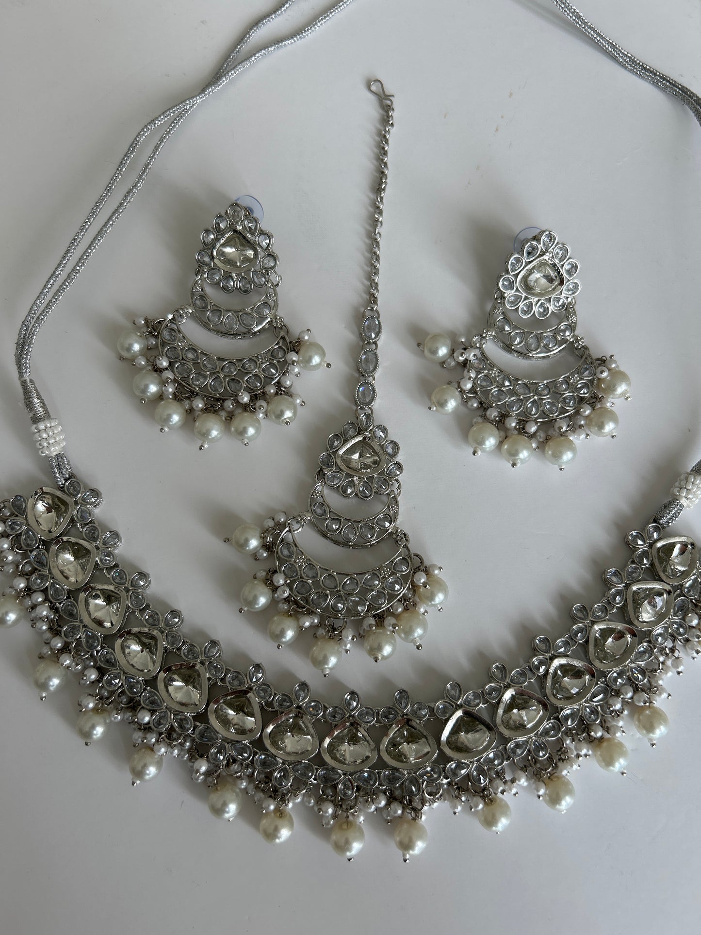Silver Pearl Crystal Necklace Earrings Tikka Set