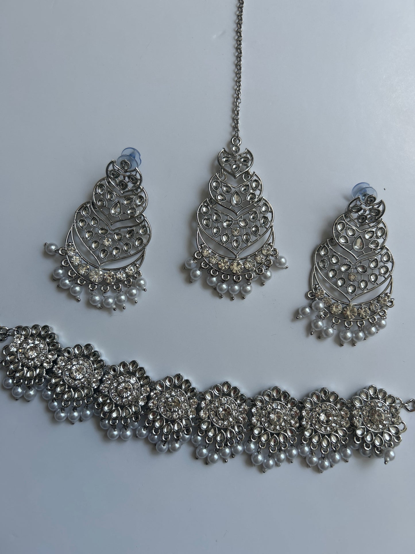 Silver Timeless Necklace Earrings Tikka Set
