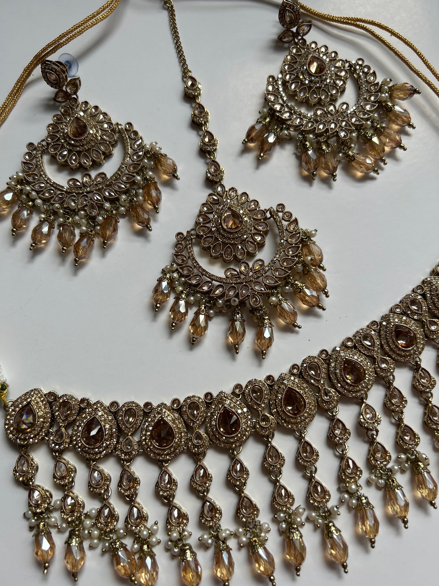 Teardrop Crystal Necklace Earrings Tikka Set