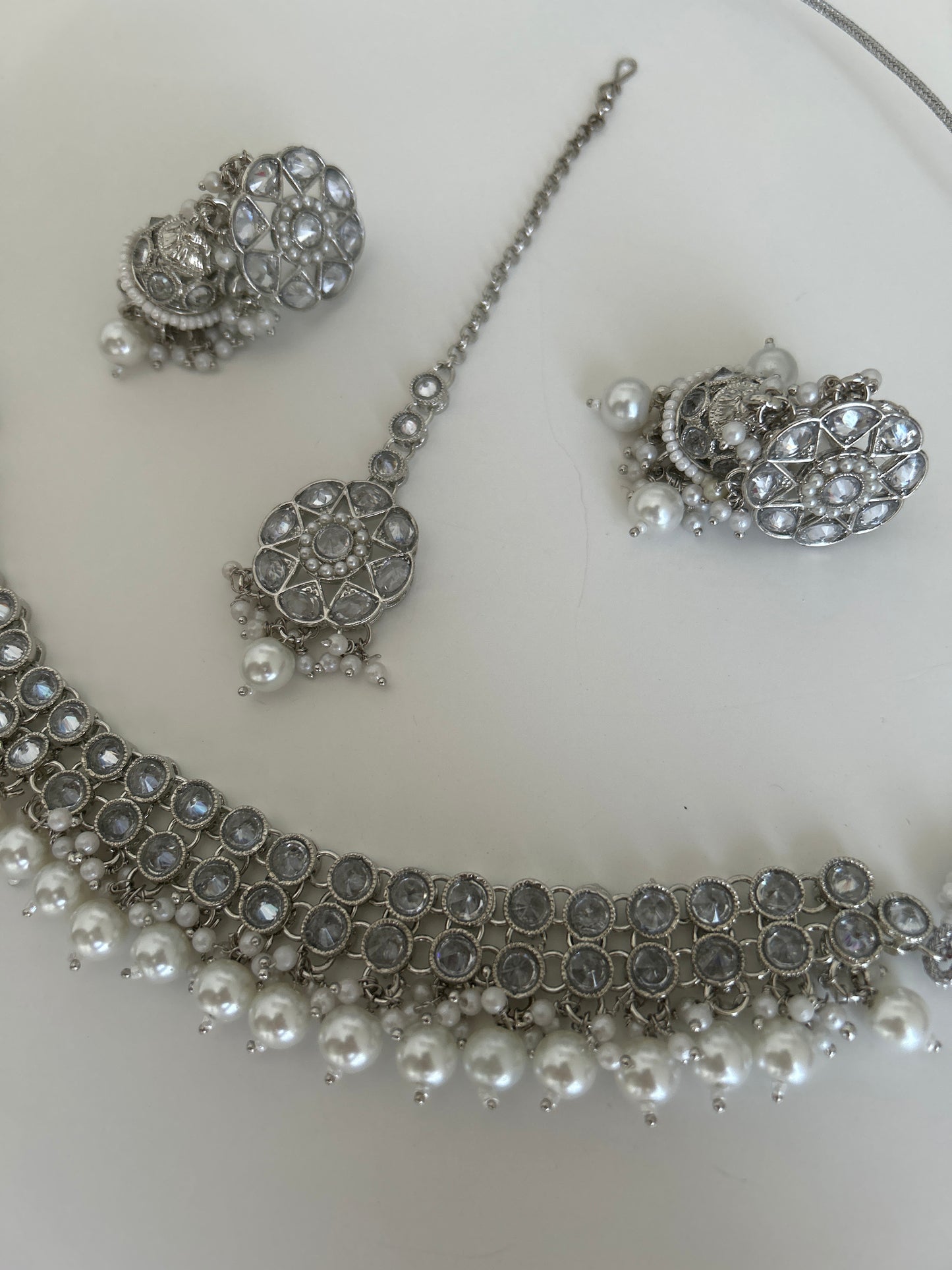 Pearl Silver Necklace Earring Tikka Set