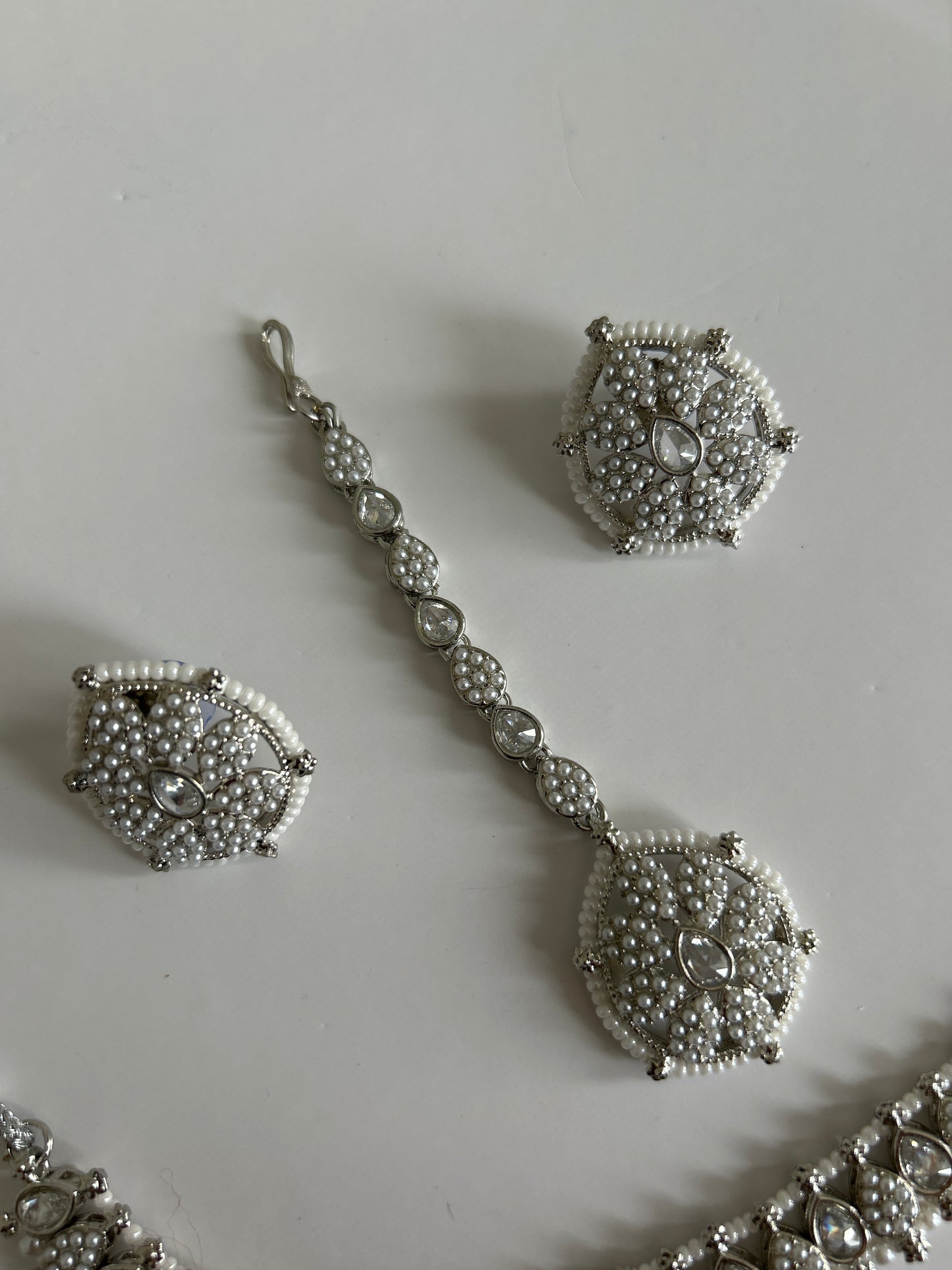 Pearl Crystal Necklace Earrings Tikka Set