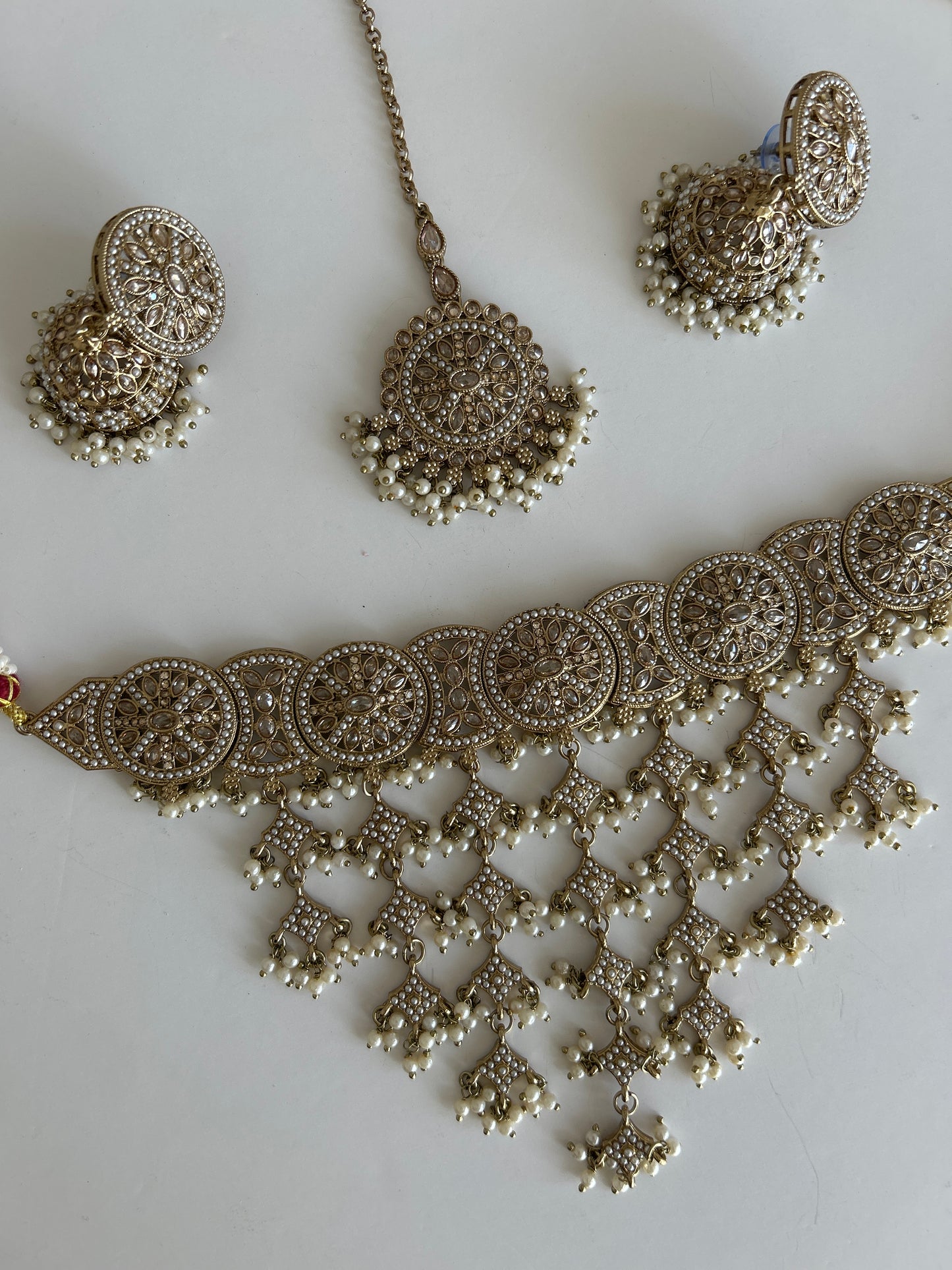 Pearl Circle Necklace Earrings Tikka Set